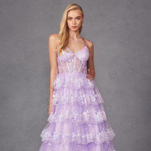 NEW LONG SLEEVELESS SEQUIN LACE EMBELLISHED BALL GOWN WITH RUFFLED SKIRT JT2454K